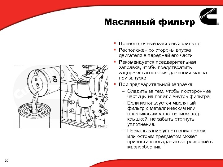 Масляный фильтр § Полнопоточный масляный фильтр § Расположен со стороны впуска двигателя в передней