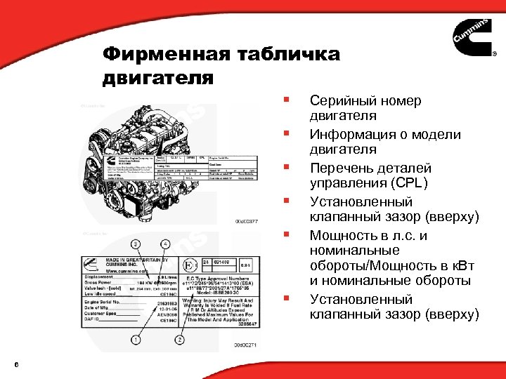 Фирменная табличка двигателя § § § 6 Серийный номер двигателя Информация о модели двигателя