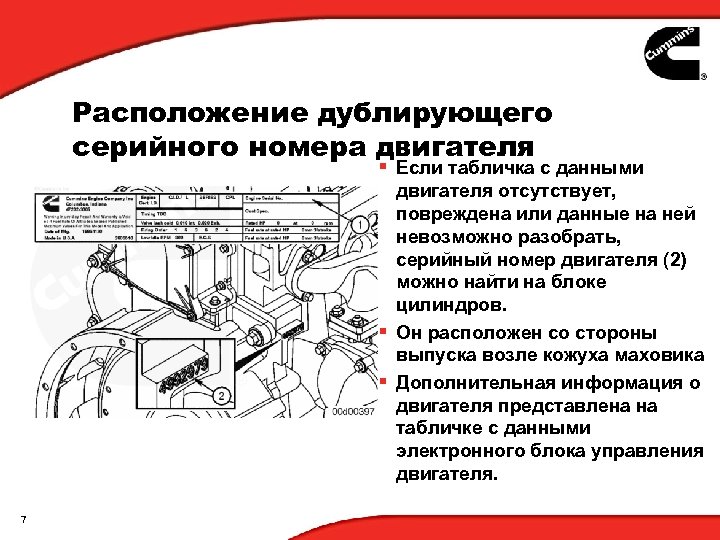 Расположение дублирующего серийного номера двигателя § Если табличка с данными двигателя отсутствует, повреждена или