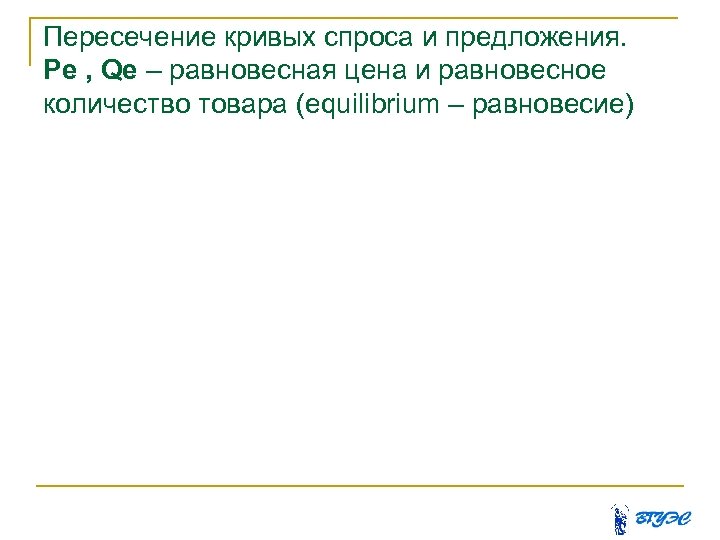 Пересечение кривых спроса и предложения. Pe , Qe – равновесная цена и равновесное количество