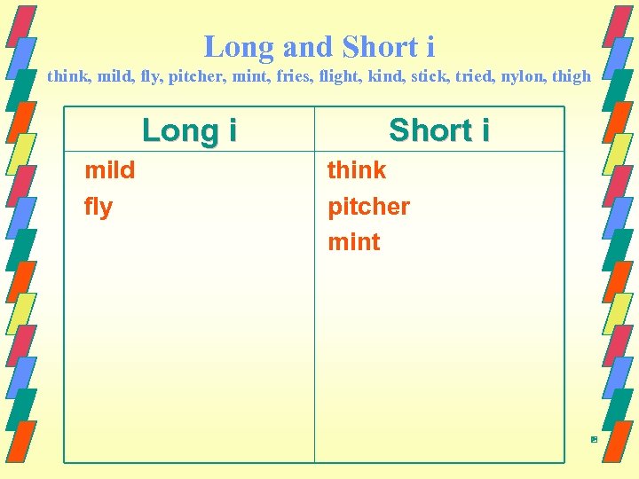 Long and Short i think, mild, fly, pitcher, mint, fries, flight, kind, stick, tried,