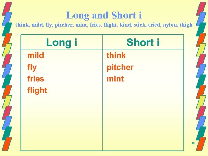 Long and Short i think, mild, fly, pitcher, mint, fries, flight, kind, stick, tried,