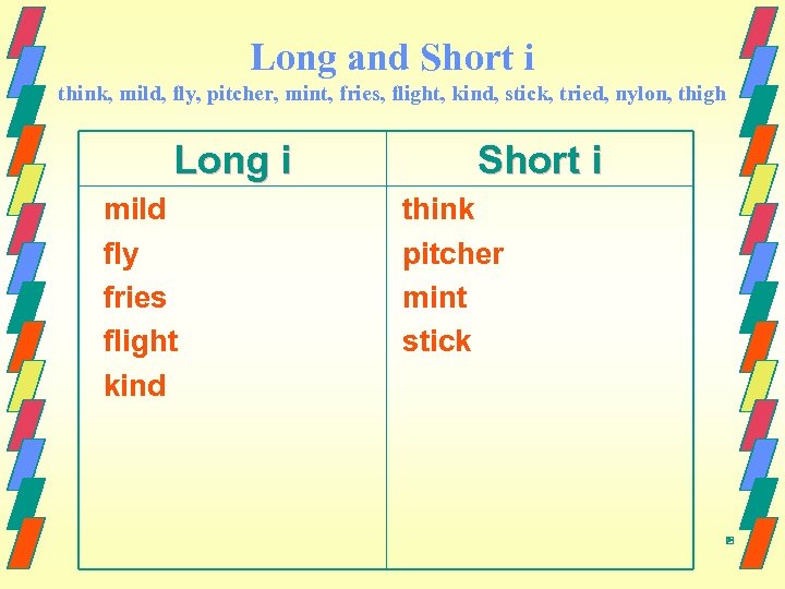 Long and Short i think, mild, fly, pitcher, mint, fries, flight, kind, stick, tried,