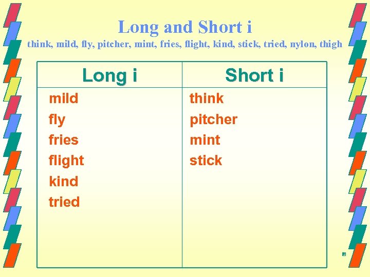 Long and Short i think, mild, fly, pitcher, mint, fries, flight, kind, stick, tried,