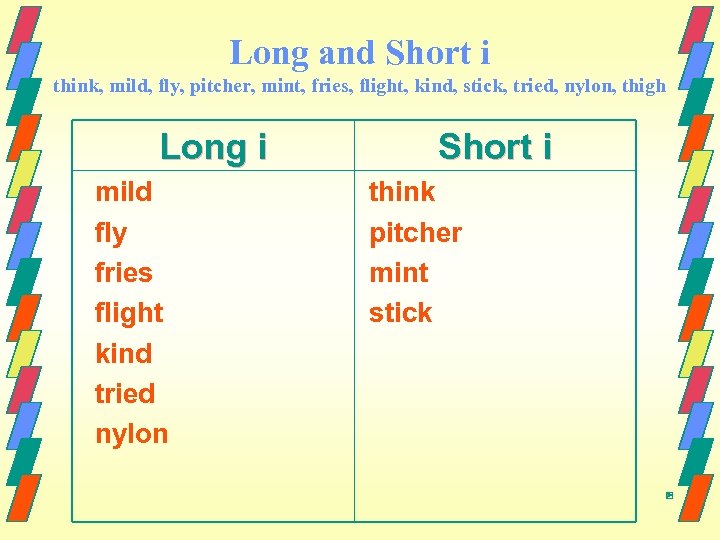 Long and Short i think, mild, fly, pitcher, mint, fries, flight, kind, stick, tried,