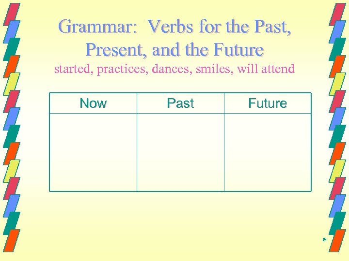 Grammar: Verbs for the Past, Present, and the Future started, practices, dances, smiles, will