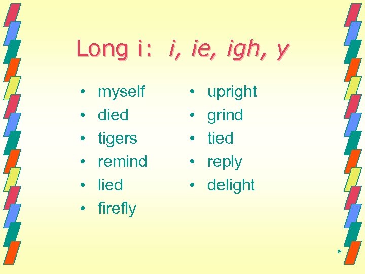 Long i: i, ie, igh, y • • • myself died tigers remind lied