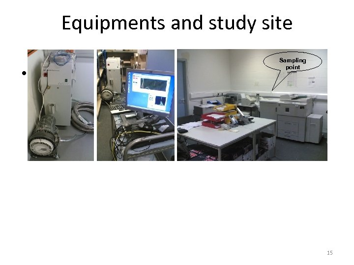 Equipments and study site • Site Fast Particulate Spectrometer DMS 500 Sampling point Photocopier