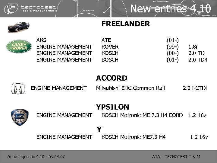 New entries 4. 10 FREELANDER ABS ENGINE MANAGEMENT ATE ROVER BOSCH (01 -) (99
