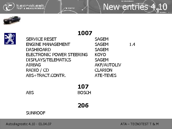 New entries 4. 10 1007 SERVICE RESET ENGINE MANAGEMENT DASHBOARD ELECTRONIC POWER STEERING DISPLAYS/TELEMATICS