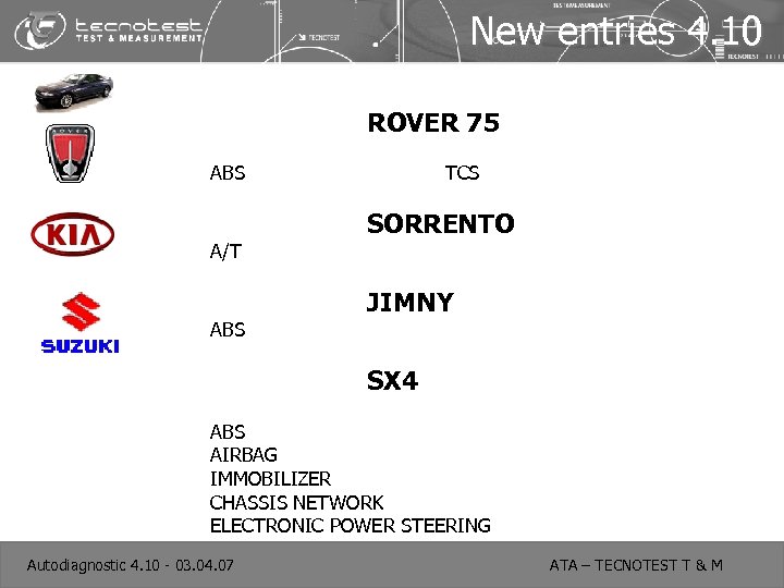 New entries 4. 10 ROVER 75 ABS A/T ABS TCS SORRENTO JIMNY SX 4
