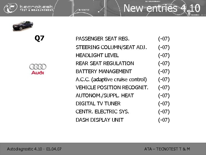 New entries 4. 10 Q 7 PASSENGER SEAT REG. (-07) STEERING COLUMN/SEAT ADJ. (-07)