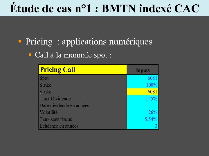 Étude de cas n° 1 : BMTN indexé CAC § Pricing : applications numériques