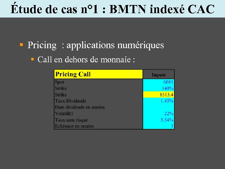 Étude de cas n° 1 : BMTN indexé CAC § Pricing : applications numériques