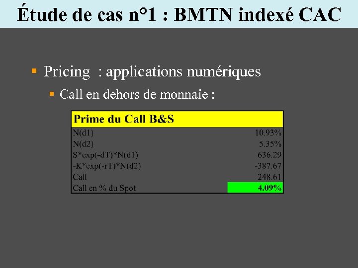 Étude de cas n° 1 : BMTN indexé CAC § Pricing : applications numériques