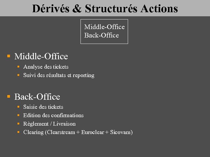 Dérivés & Structurés Actions Middle-Office Back-Office § Middle-Office § Analyse des tickets § Suivi