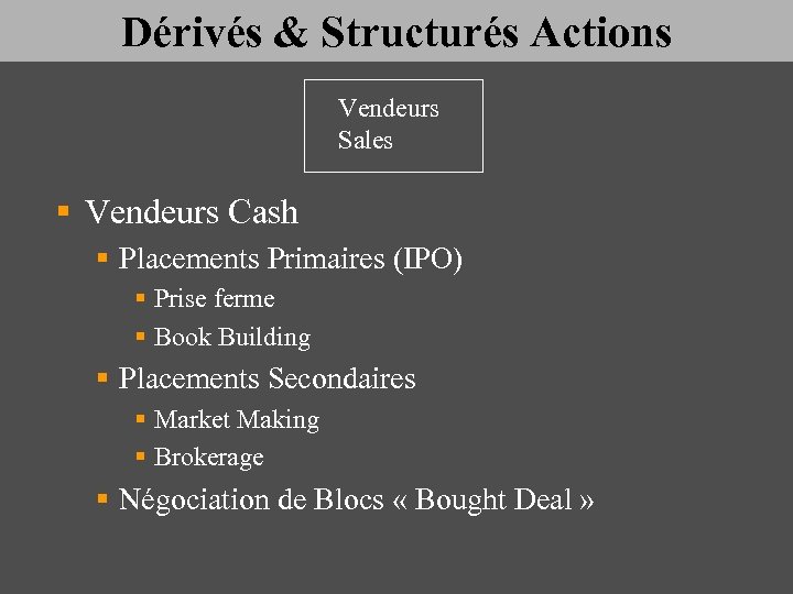 Dérivés & Structurés Actions Vendeurs Sales § Vendeurs Cash § Placements Primaires (IPO) §