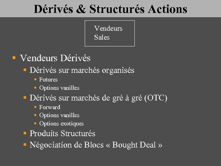 Dérivés & Structurés Actions Vendeurs Sales § Vendeurs Dérivés § Dérivés sur marchés organisés