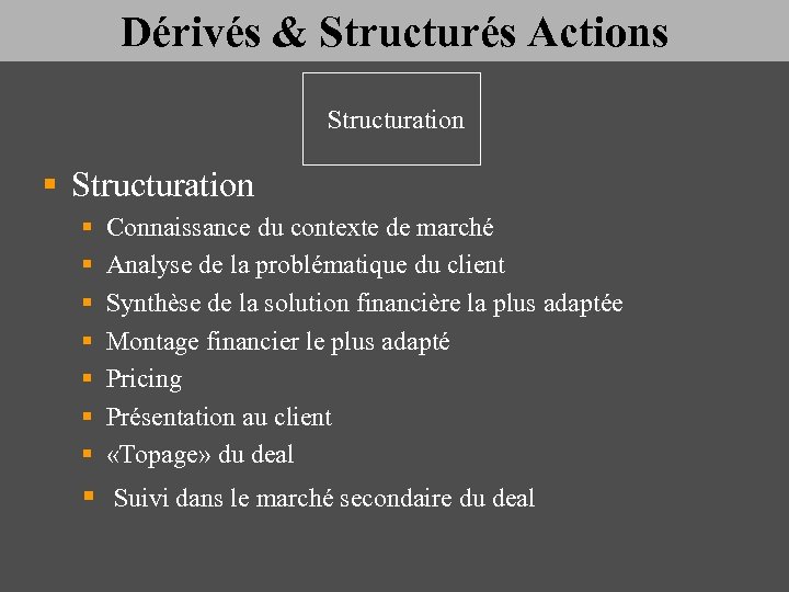 Dérivés & Structurés Actions Structuration § Structuration § § § § Connaissance du contexte