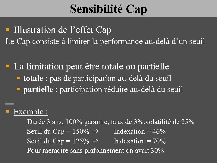 Sensibilité Cap § Illustration de l’effet Cap Le Cap consiste à limiter la performance