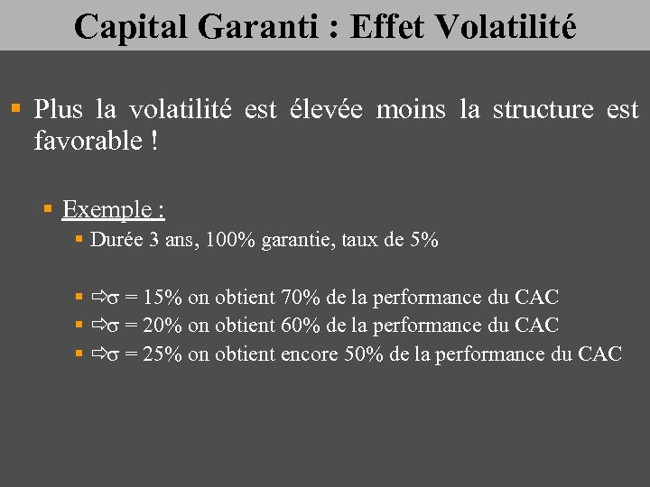 Capital Garanti : Effet Volatilité § Plus la volatilité est élevée moins la structure