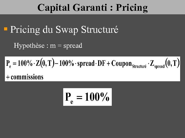 Capital Garanti : Pricing § Pricing du Swap Structuré Hypothèse : m = spread