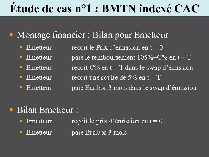 Étude de cas n° 1 : BMTN indexé CAC § Montage financier : Bilan