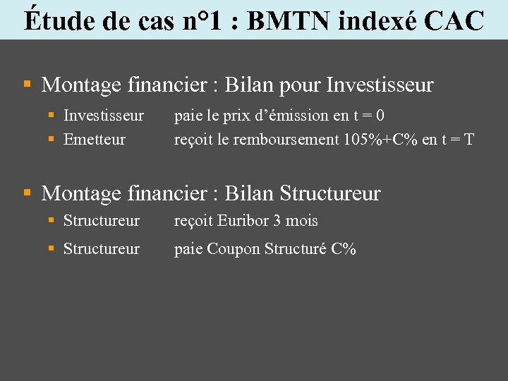 Étude de cas n° 1 : BMTN indexé CAC § Montage financier : Bilan