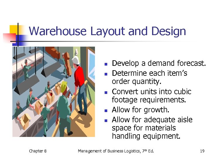 Warehouse Layout and Design n n Chapter 8 Develop a demand forecast. Determine each