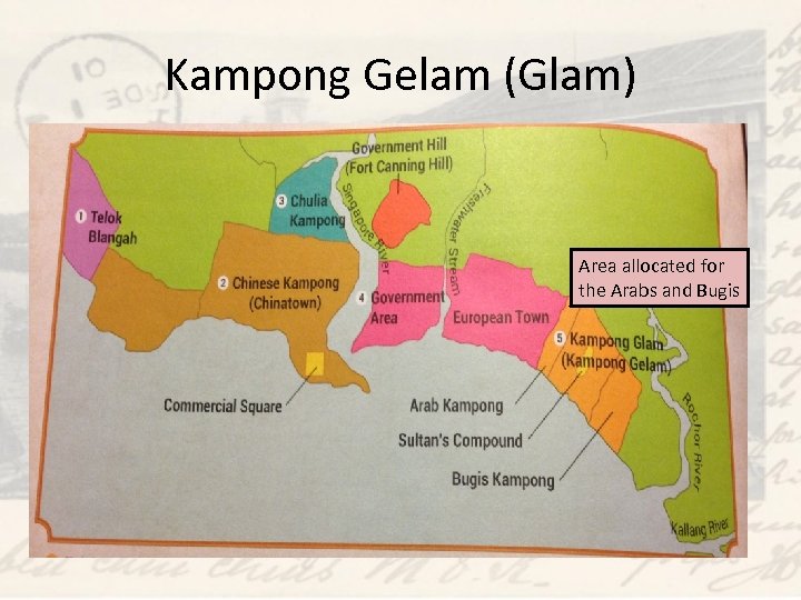 Kampong Gelam (Glam) Area allocated for the Arabs and Bugis 