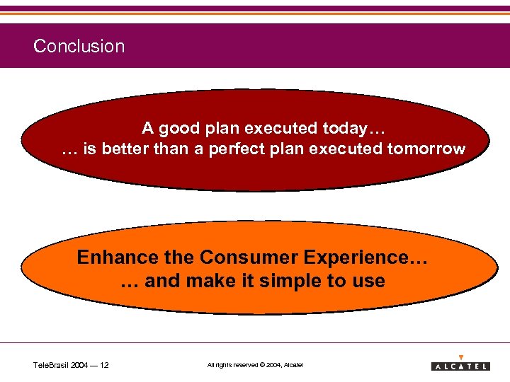 Conclusion A good plan executed today… … is better than a perfect plan executed