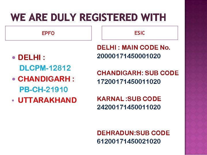 WE ARE DULY REGISTERED WITH EPFO DELHI : DLCPM-12812 CHANDIGARH : PB-CH-21910 • UTTARAKHAND