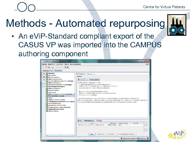 Centre for Virtual Patients Methods - Automated repurposing • An e. Vi. P-Standard compliant