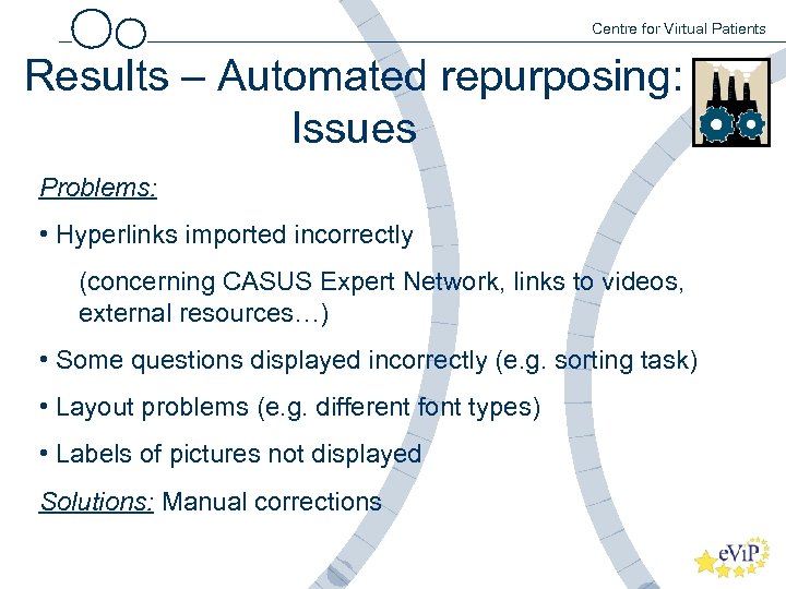 Centre for Virtual Patients Results – Automated repurposing: Issues Problems: • Hyperlinks imported incorrectly