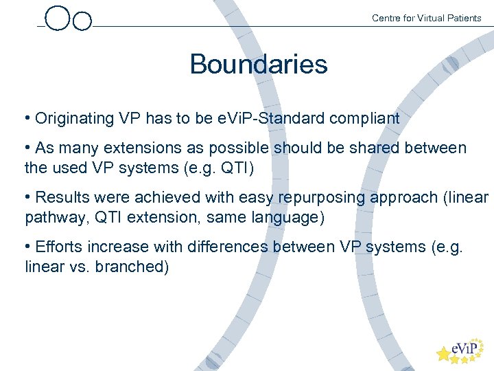 Centre for Virtual Patients Boundaries • Originating VP has to be e. Vi. P-Standard
