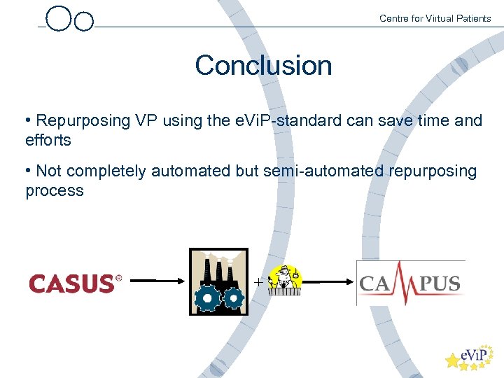 Centre for Virtual Patients Conclusion • Repurposing VP using the e. Vi. P-standard can