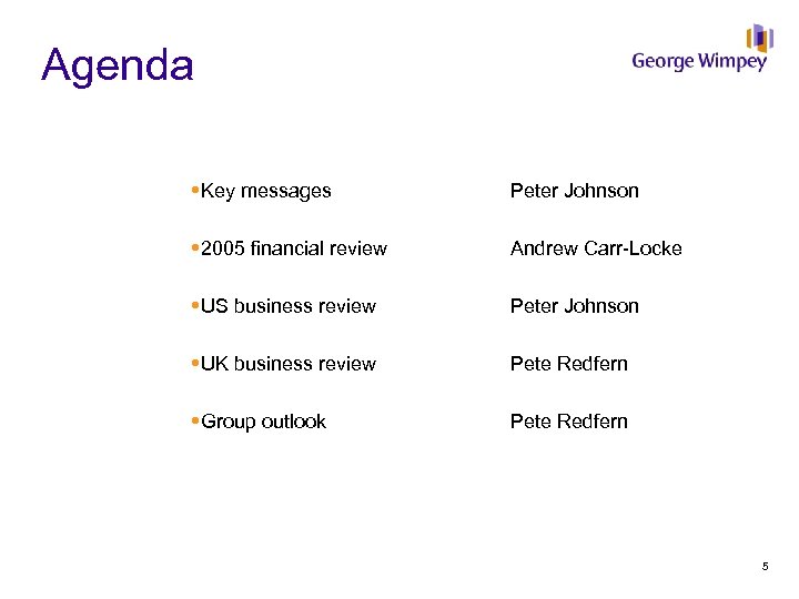Agenda Key messages Peter Johnson 2005 financial review Andrew Carr-Locke US business review Peter