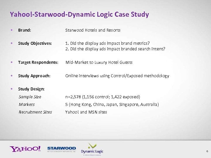 Yahoo!-Starwood-Dynamic Logic Case Study • Brand: Starwood Hotels and Resorts • Study Objectives: 1.