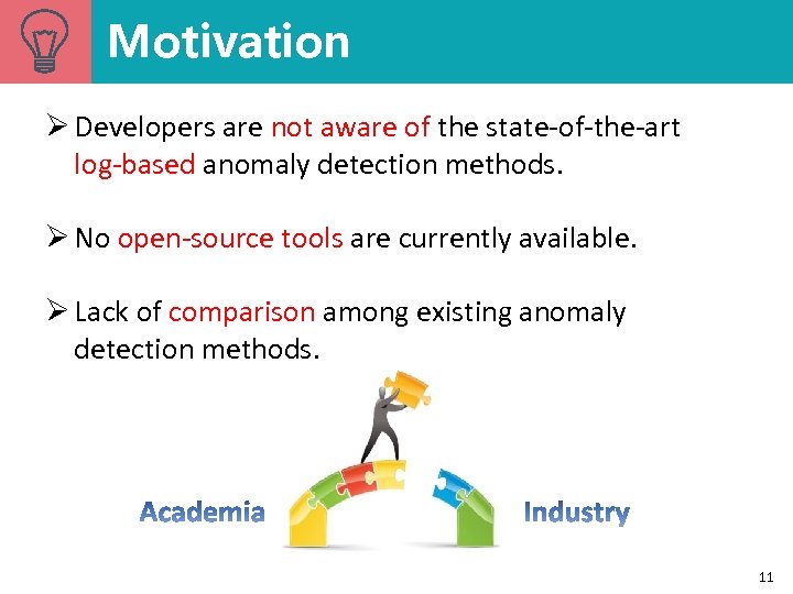 Motivation Ø Developers are not aware of the state-of-the-art log-based anomaly detection methods. Ø