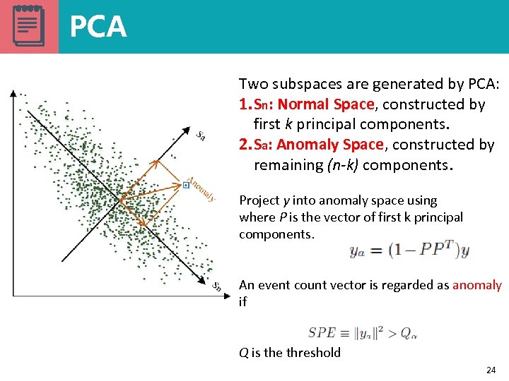PCA Two subspaces are generated by PCA: 1. Sn: Normal Space, constructed by first
