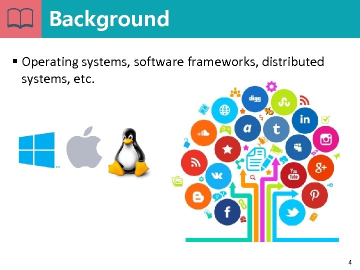 Background § Operating systems, software frameworks, distributed systems, etc. 4 