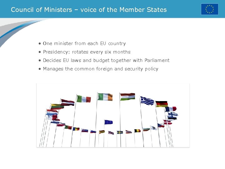 Council of Ministers – voice of the Member States • One minister from each