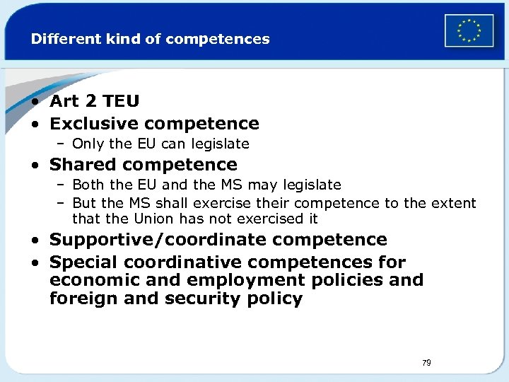 Different kind of competences • Art 2 TEU • Exclusive competence – Only the