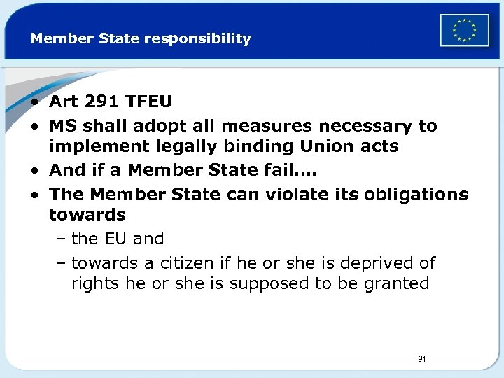 Member State responsibility • Art 291 TFEU • MS shall adopt all measures necessary