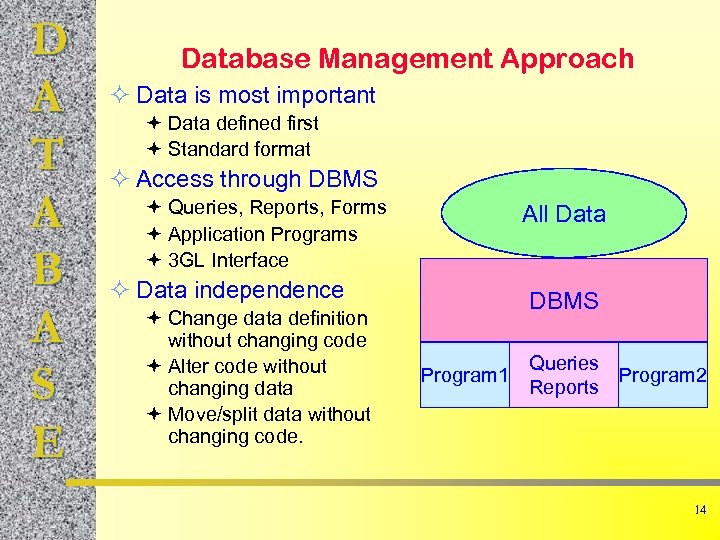 D A T A B A S E Database Management Approach ² Data is