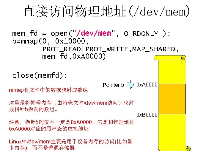 直接访问物理地址(/dev/mem) mem_fd = open("/dev/mem", O_RDONLY ); b=mmap(0, 0 x 10000, PROT_READ|PROT_WRITE, MAP_SHARED, mem_fd, 0
