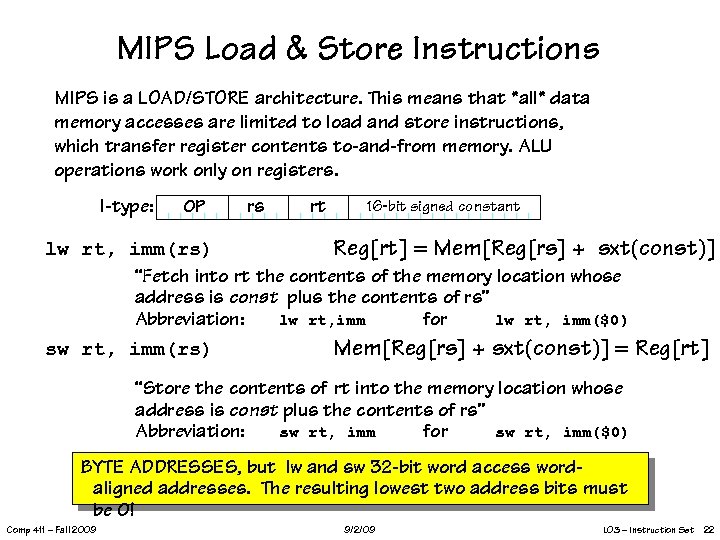 MIPS Load & Store Instructions MIPS is a LOAD/STORE architecture. This means that *all*