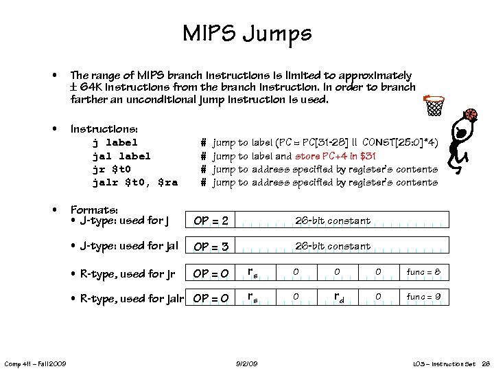 MIPS Jumps • The range of MIPS branch instructions is limited to approximately 64