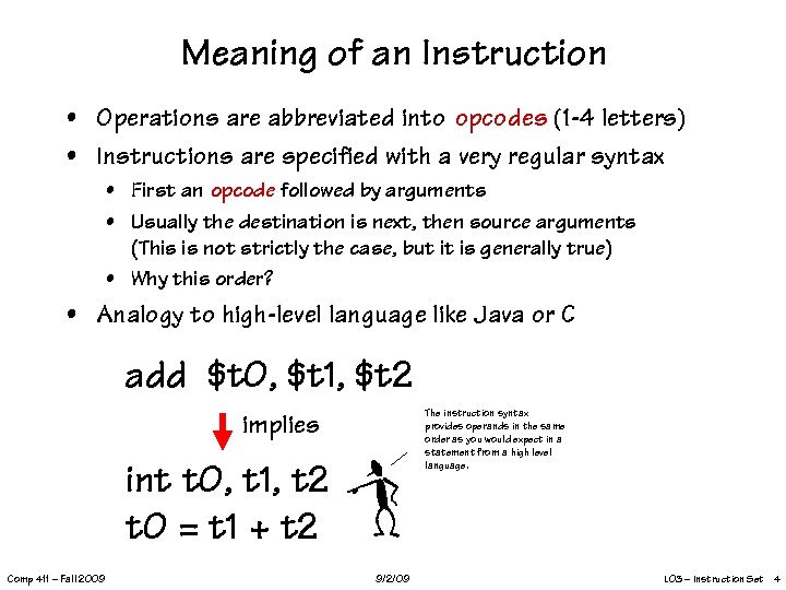 Meaning of an Instruction • Operations are abbreviated into opcodes (1 -4 letters) •