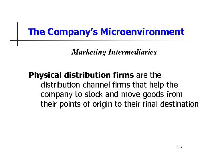The Company’s Microenvironment Marketing Intermediaries Physical distribution firms are the distribution channel firms that